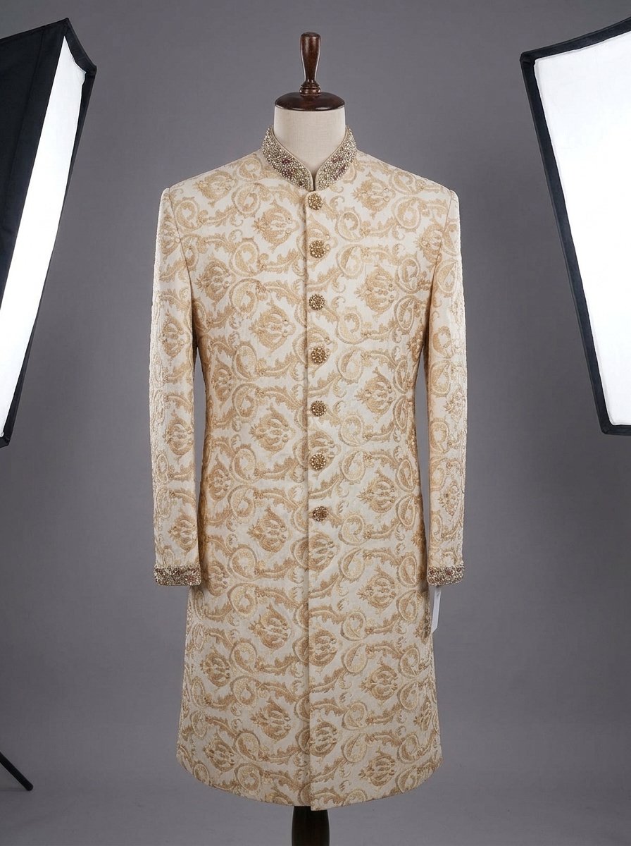 Royal Off White Hand Made Embroidered Sherwani